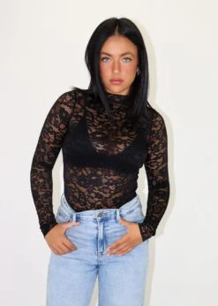 Stay Lace Long Sleeve Top ★ Black -Tops To Skirt Sales Store IMG 1024