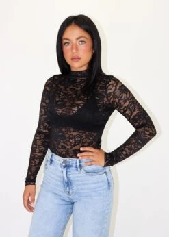 Stay Lace Long Sleeve Top ★ Black -Tops To Skirt Sales Store IMG 1037
