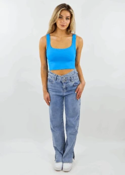 Spill The Tea Tank ★ Neon Blue -Tops To Skirt Sales Store SpillTheTeaNeonBlueRockNRagsSeamlessChevronRibbedScoopNeckStretchyCropTankTop