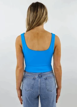 Spill The Tea Tank ★ Neon Blue -Tops To Skirt Sales Store SpillTheTeaNeonBlueRockNRagsSeamlessChevronRibbedScoopNeckStretchyCropTankTop2